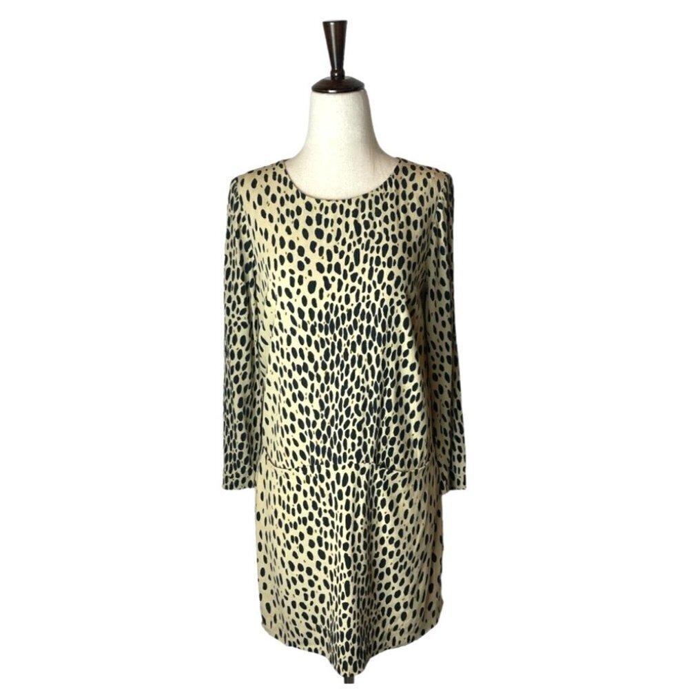 J. Crew Tan And Black Leopard Print Long Sleeve Pocket Front Shift Dress Size 4